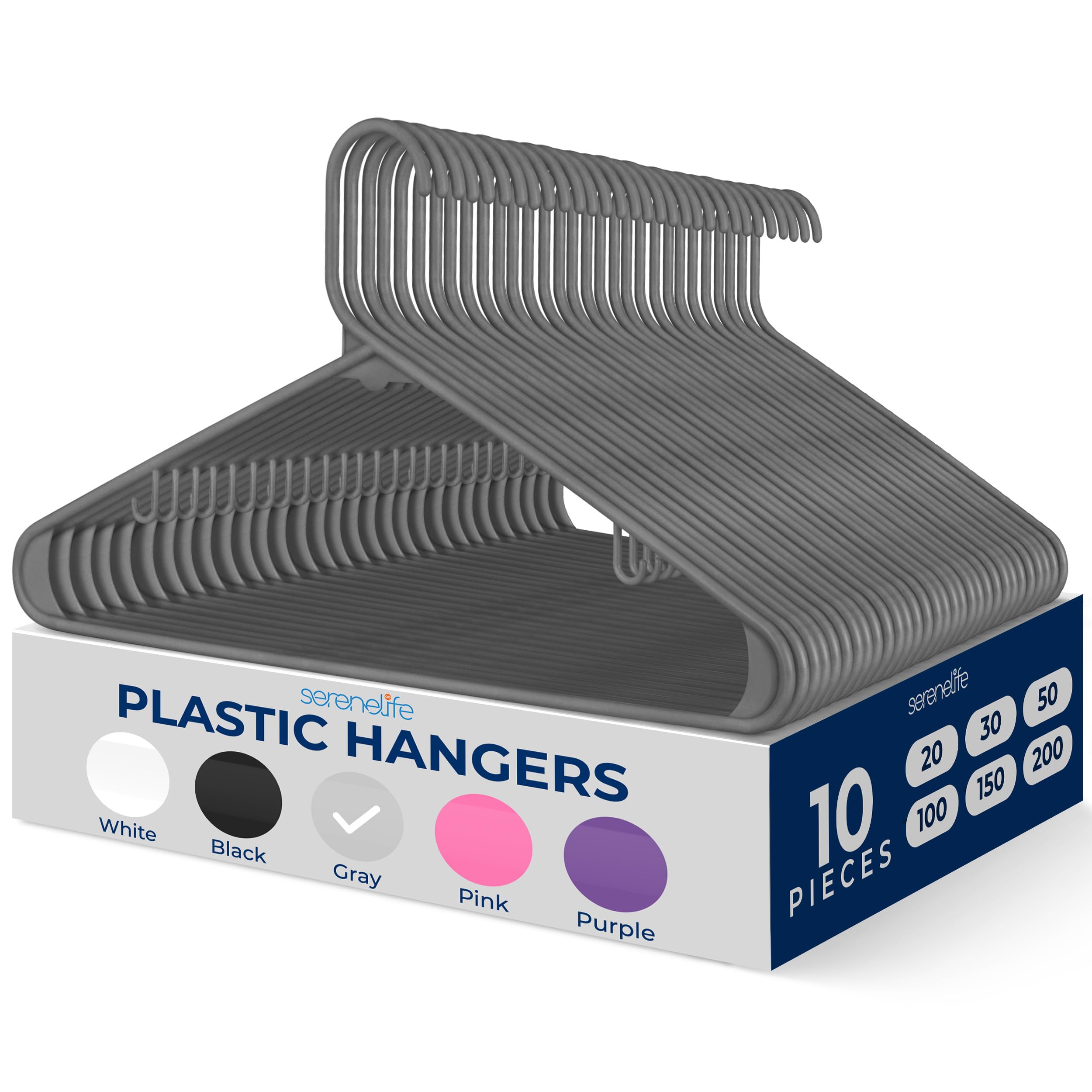 SereneLife Premium 10 Pack Plastic Hangers, Lightweight, Durable, Space Saving Clothes Organizers, Suitable for Shirts, Sweaters, Hoodies, Dresses, Kids Clothes, Good for Home Organization (Gray)