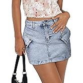 POTILI Jean Skirts for Women Denim Skirt Stretchy Jean Skort High Wasited Cargo Mini Denim Skirt with Flap Pockets