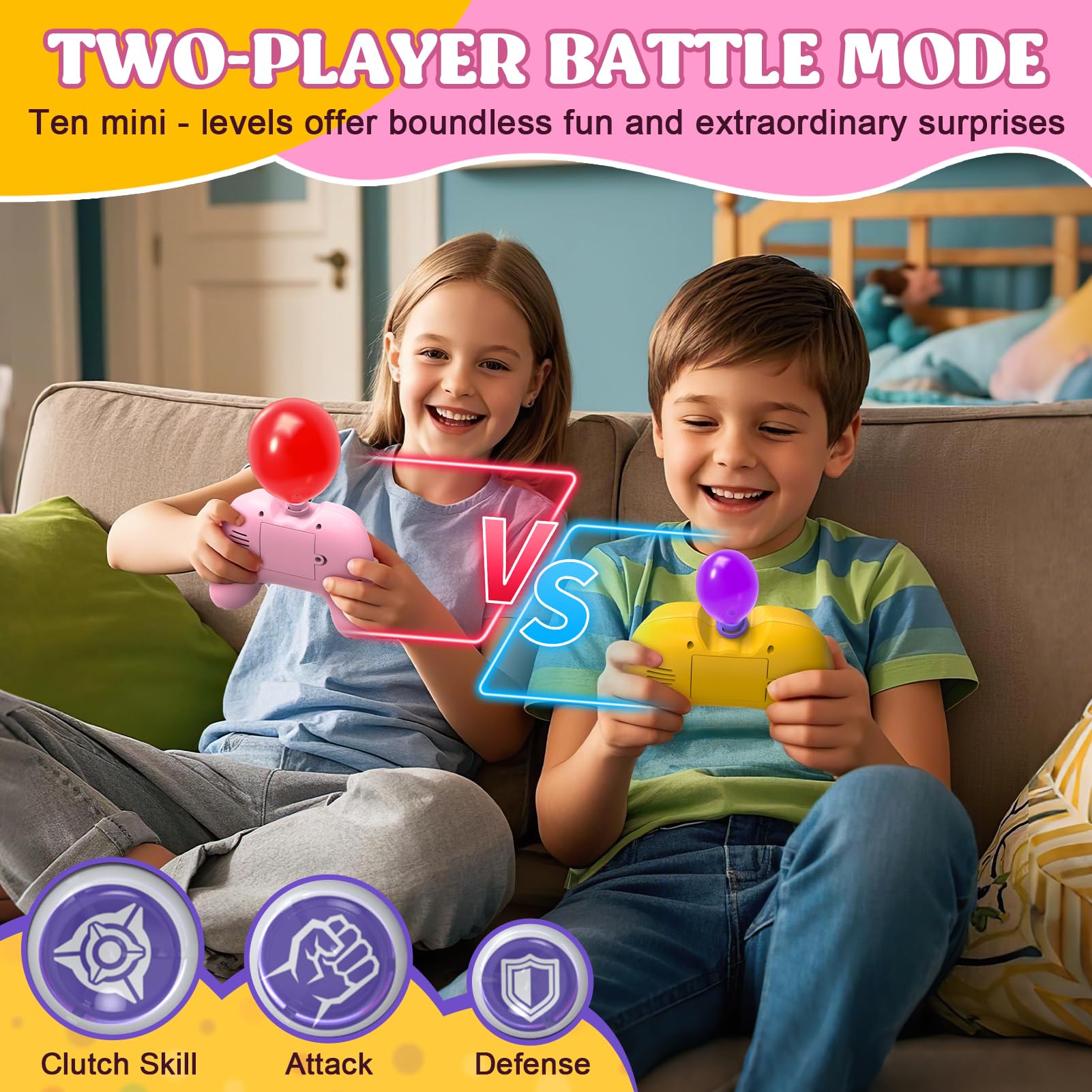 fygurso Handheld Speed Pushing Game Machine with Balloons 2-Player Fidget Game Light Up Quick Push Games Fast Push Puzzle Games Console for 8 9 10 11 12+ Years Old Kids Adults-Pink+Yellow