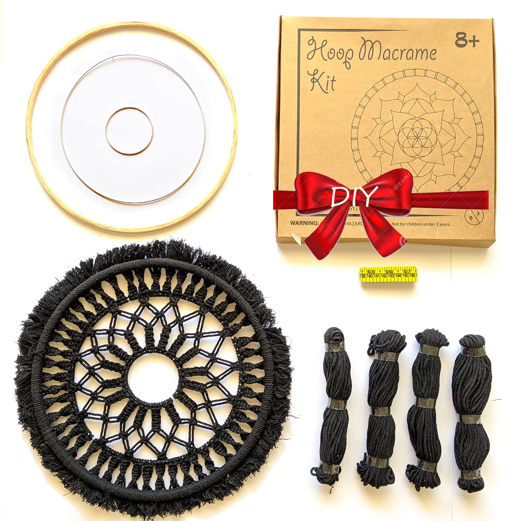 DIY Round Macrame Wall Hanging Kit - Black 35cm - Make Your Own Mandala Hanging with All-Natural Materials - Creative Activity Set Includes Wooden Hoop Metal Rings Rope and scale.