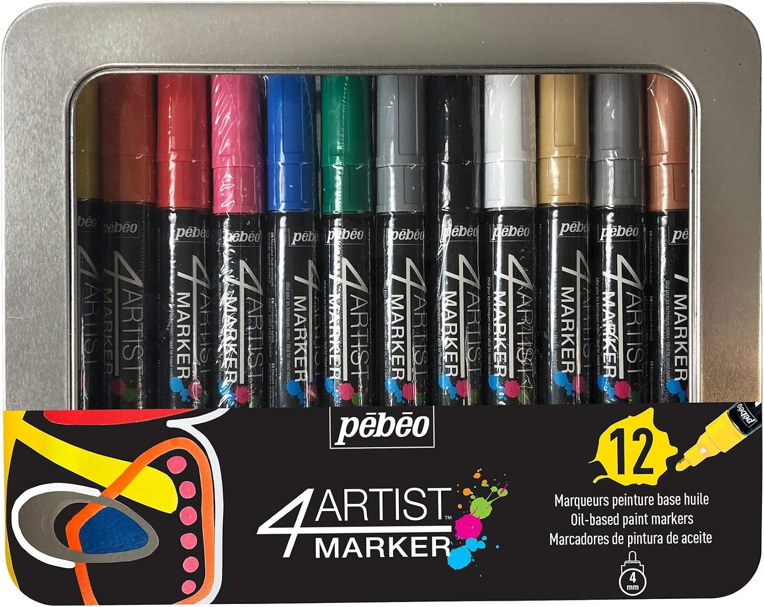Pebeo 4Artist Metal Marker Set - 4mm, Set of 12, Assorted, 12X4MM
