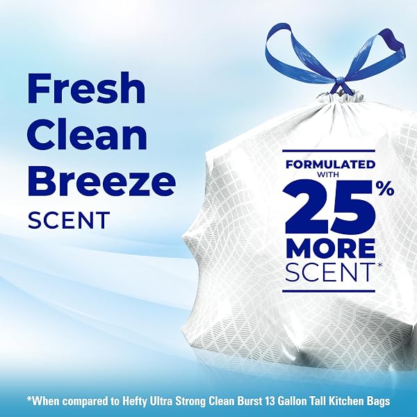 HEFTY ULTRA STRONG SIGNATURE SCENTS 13 GALLON TRASH BAGS, FRESH CLEAN BREEZE SCENT, TALL KITCHEN TRASH BAGS WITH 25% MORE SCENT TECHNOLOGY, WHITE, 80 COUNT