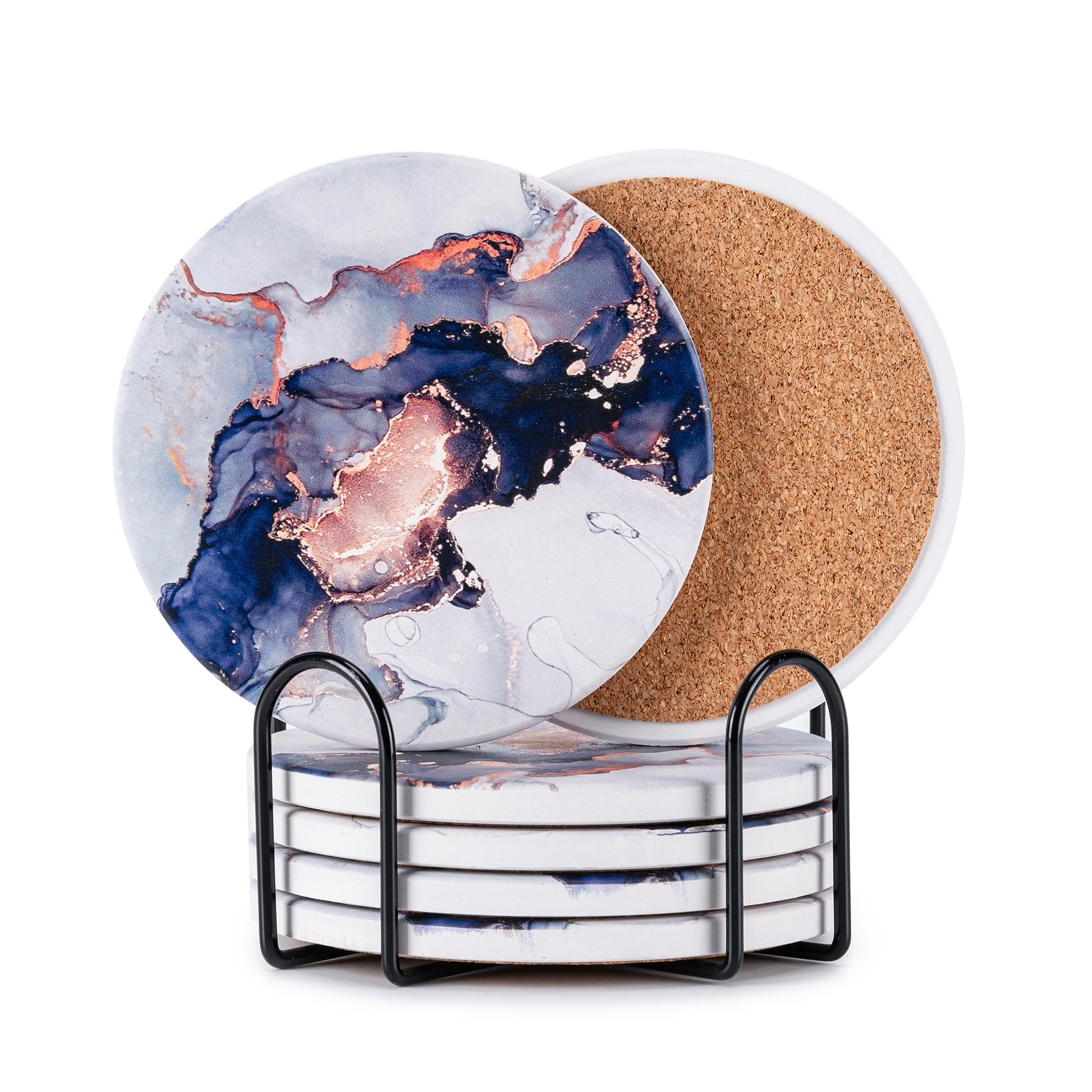 Photo 1 of Hoewina 6Pcs Drink Coasters with Holder, Marble Style Ceramic Drink Coaster, Absorbent Coasters Set Suitable for Kinds of Cups, Modern Style Coasters for Coffee Table, 4 Inches?Render Style?