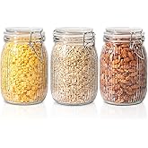 ComSaf Airtight Glass jar with lid 34oz Set of 3, Glass Storage Containers with Lids, Glass Canisters, Striped Clip Fastening Jar for Kitchen Canning, Tea, Pasta, Sugar, Beans, Cookie, Jam, Oat