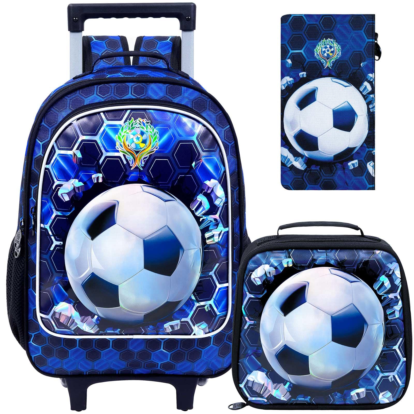 Photo 1 of CCJPX 3PCS Soccer Rolling Backpack for Boys, Roller School Bookbag with Lunch Box, Football Water Resistant Wheeled Backpacks for Teens Elementary Travel-Blue