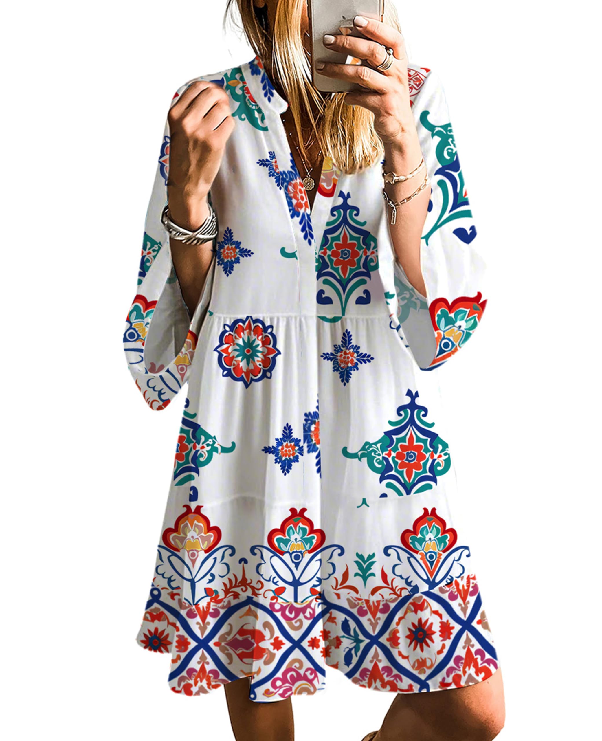 Photo 1 of SELINK Womens Long Sleeve Dresses Casual V Neck Tribal Print Button Flowy Boho Mini Beach Dress White Red Tribal- L 