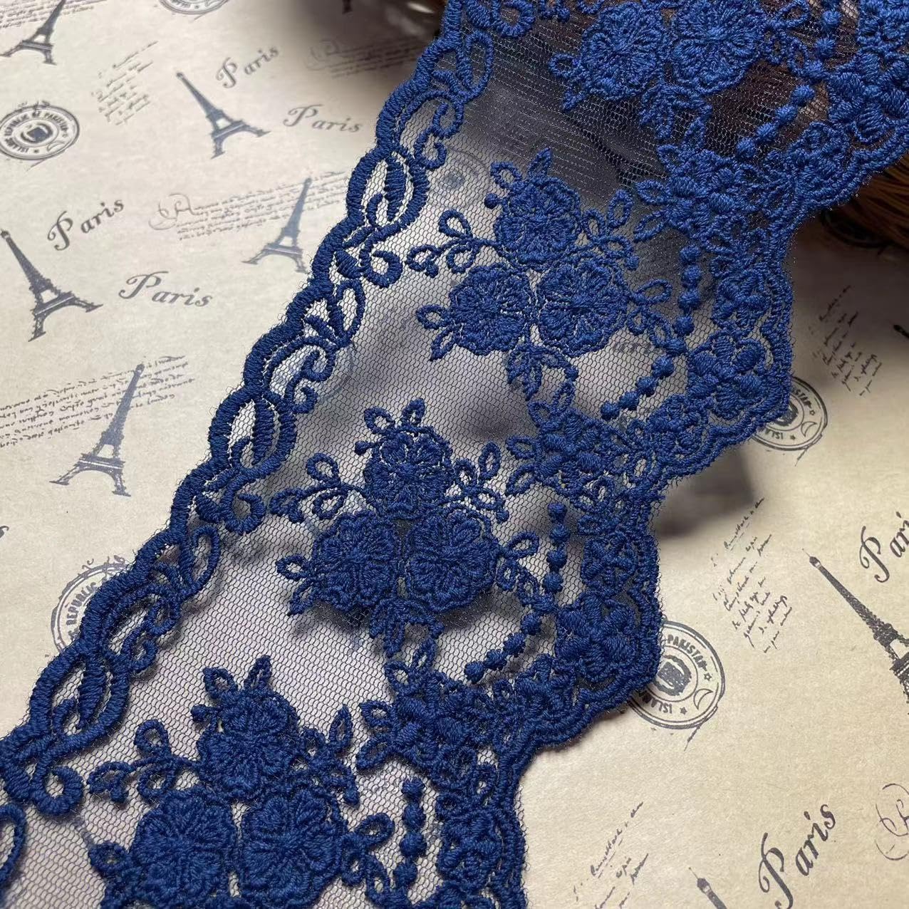 8CM Width Europe Crown Wedding Applique Inelastic Embroidery Lace Trim,Curtain Tablecloth Slipcover Bridal DIY Clothing/Accessories.(2 Yards in one Package) (Navy Blue)