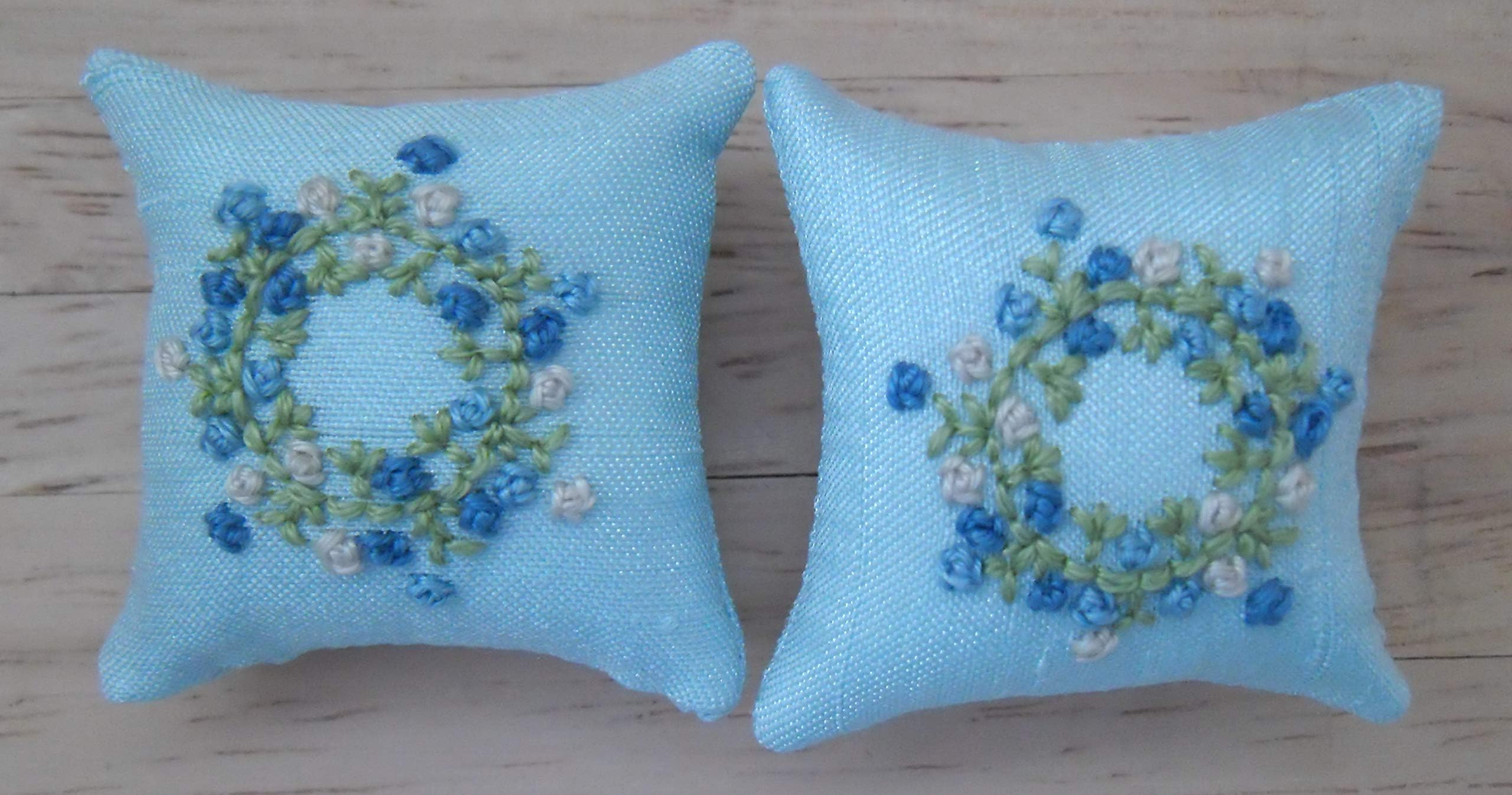 1/12th scale Dolls House Hand Embroidered Garland Design Pale Blue Cushions with Blue & Cream Flowers