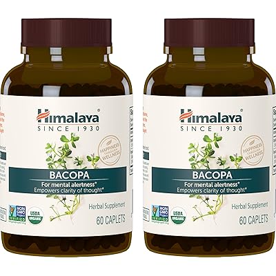 Himalaya Organic Bacopa/Brahmi, 60 Caplets for Mental Alertness, Cognitive Health &amp; Memory Support 750 mg, (Pack of 2)