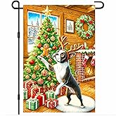 BlissYard Merry Christmas Garden Flag Boston Terrier Flag Reindeer Antlers Decorating Tree Festive Indoor 12x18 Inch Double Sided Outdoor Banner For Front Porch Lawn Patio Seasonal Home Decoration