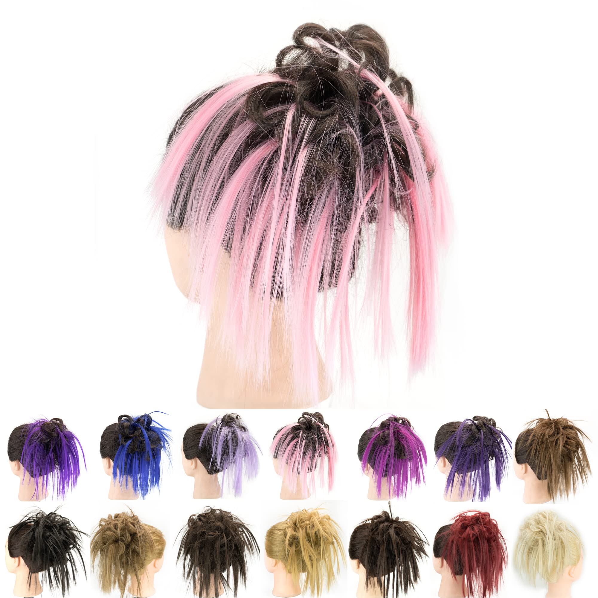 IMISSU 2PCS Messy Hair Bun Piece Updo Fake Scrunchies Extension Wavy Curly Hairpieces Ponytail Chignon Headband for Women (2PCS Brown Pink)