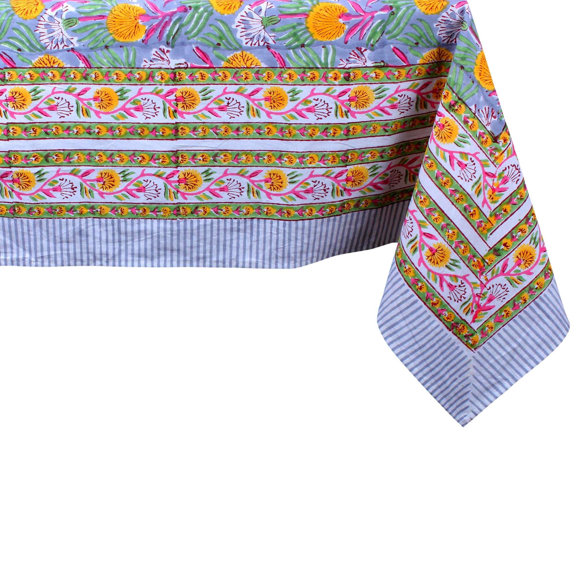 THE Unltd India Yellow & Pink 100% Cotton Square Tablecloth, Block Print Summer Floral Dining Table Cloth, 59 x 59 Inches, 4 Seater for Dining & Home Decor – Housewarming Gift for New Home