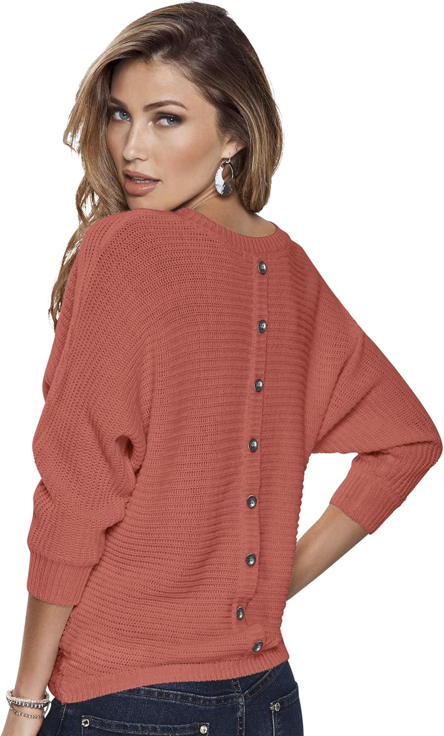 Venus Women's Button Back Detail Sweater Crew Neck Relaxed 3/4 Length
