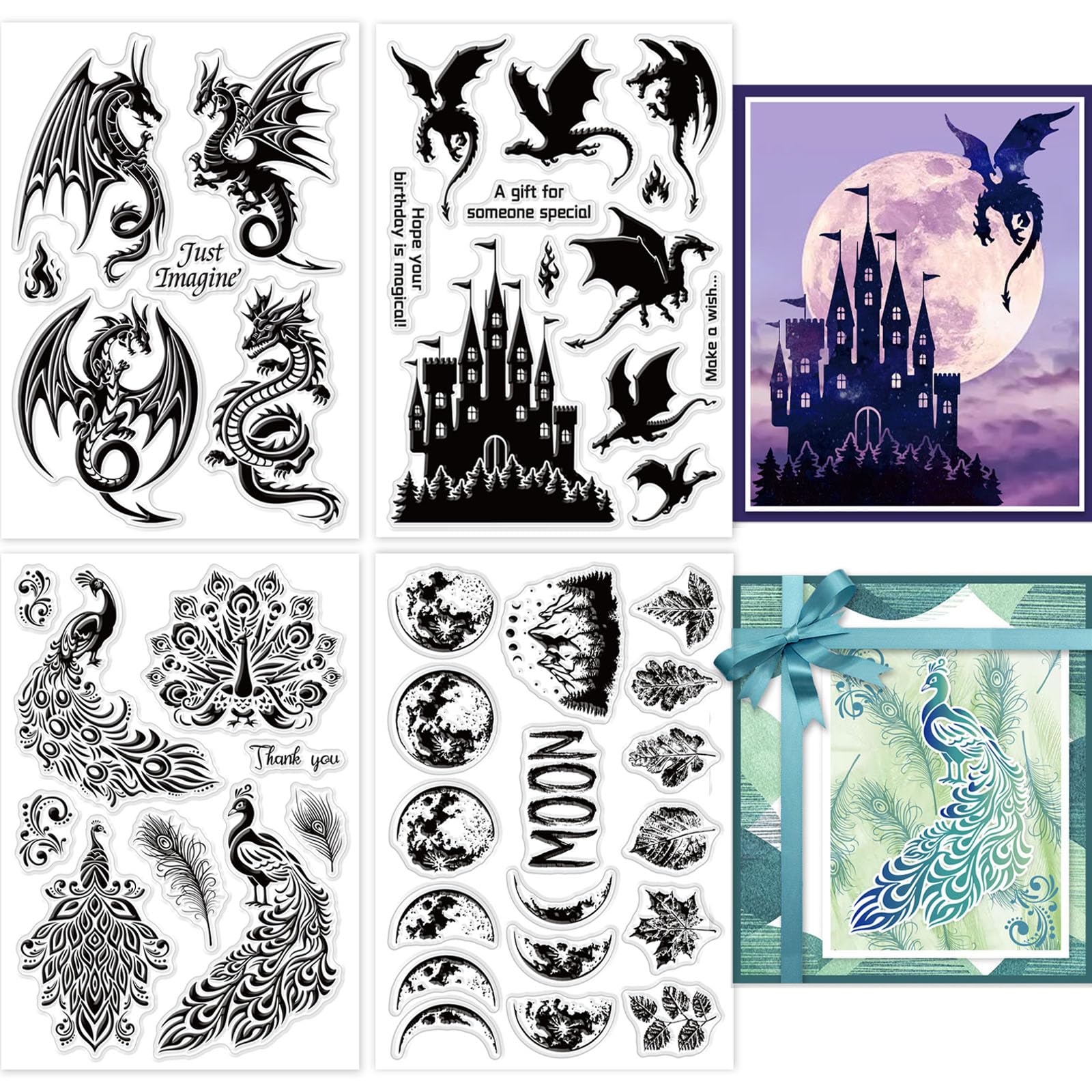 GLOBLELAND 4 Sheets Dragon Peacock Clear Stamps for Card Making Moon Silicone Clear Stamp Seals Transparent Stamps for DIY Scrapbooking Journals Decorative Photo Album