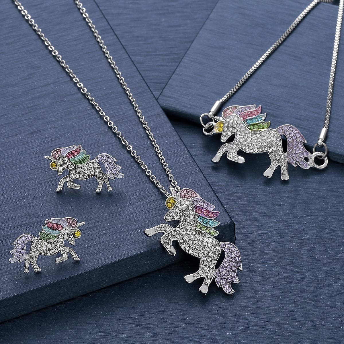 WURUIBO 3 PCS Rainbow Unicorn Jewelry Set for Girls, Fashion Necklace Earring Bracelet Crystal Rhinestone Set(Jewelry Set)