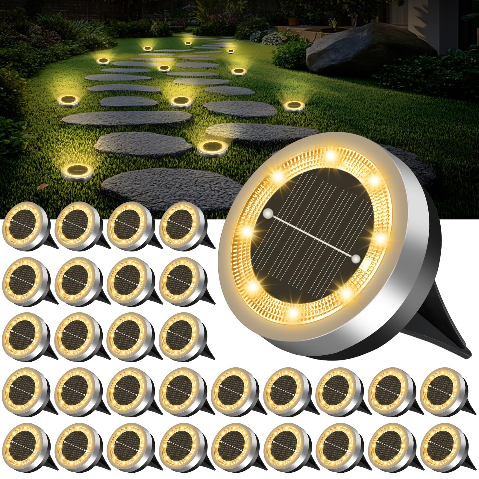 Photo 1 of Mini Solar Ground Lights Outdoor 32 Pack Waterproof Upgraded Anti-Rust Solar Flat Garden Lights Stainless Steel Solor Powered Disc Landscape Light for Pathway Walkway Yard Lawn Patio-Warm White