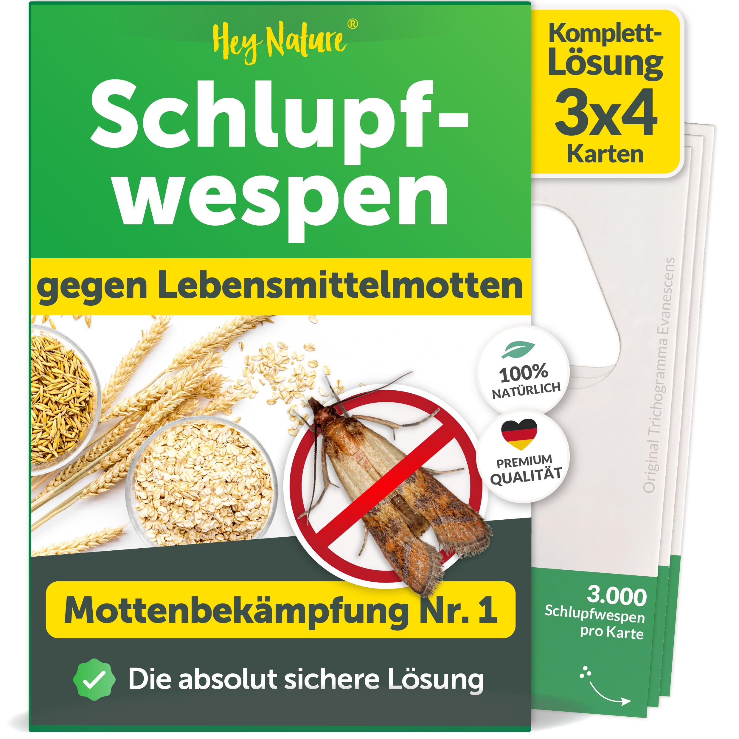Hey Nature® Schlupfwespen gegen Lebensmittelmotten, 12 Karten (4 Karten à 3 Lieferungen). Effektiv Lebensmittelmotten bekämpfen mit Schlupfwespen gegen Motten. Alternativ zu Mottenkugeln & Mottenspray