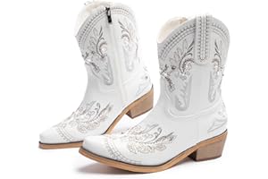 Cusolemore Cowboy Boots for Women, Cowgirl Boots with Sparkly Embroidered Rhinestones, Short Western Ankle Boots for Women with Side Zipper Pull On