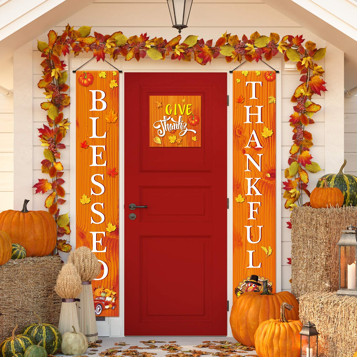 Blessed Thankful Hanging Banner Fall Harvest Welcome Banner Porch Sign Autumn Pumpkin Maple Leaf Backdrop Flag for Home Yard Indoor Outdoor Thanksgiving Party Decorations