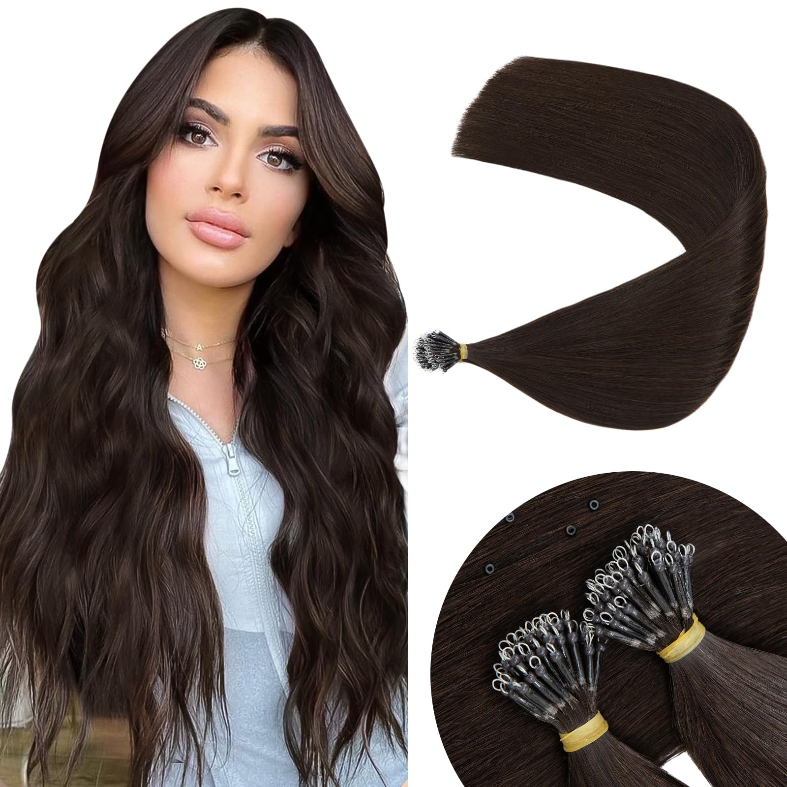 Elailite Nano Ring Extension Real Human Hair Cold Fusion With Nano Beads Remy Hair 50 Strands 50g Straight (#2 Dark Brown, 18 Inch) — image 1