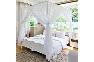 AIKASY Elegant Lace Princess 4-Poster Bed Canopy Mosquito Net - Romantic Wedding Bridal Bedroom Decor, Kids Room Bed Curtain for Women Adults - (White-2,Queen)