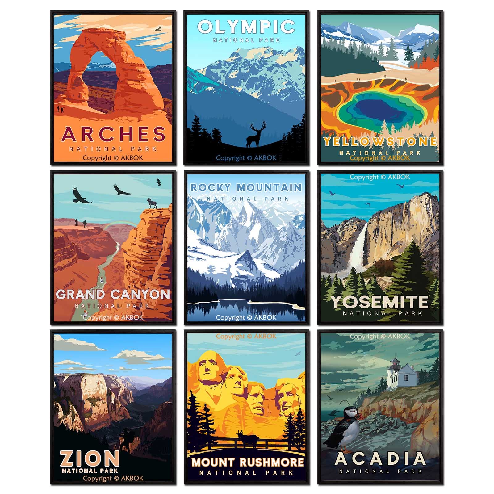 AKBOK 9 Pcs Vintage National Park Posters,National Parks Art Prints,Nature Mountain Wall Art Decor Abstract National Park Travel Poster Home Living Room Bedroom Bathroom Office Decor,8''X 10'' Unframed