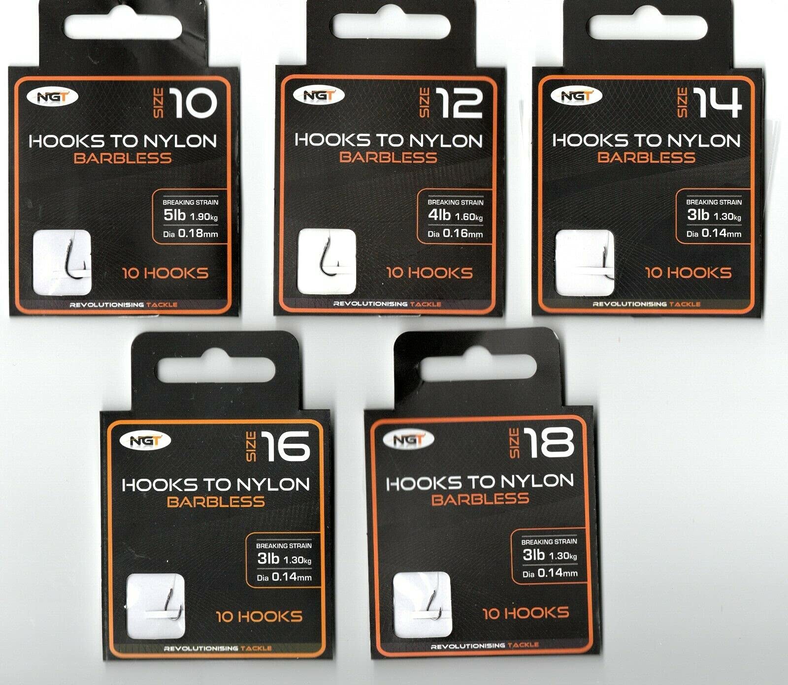 x50 NGT Barbless Hooks to Nylon in Size 10, 12, 14, 16 and 18 TEN Hooks of EACH Size (Fifty Hooks in total)