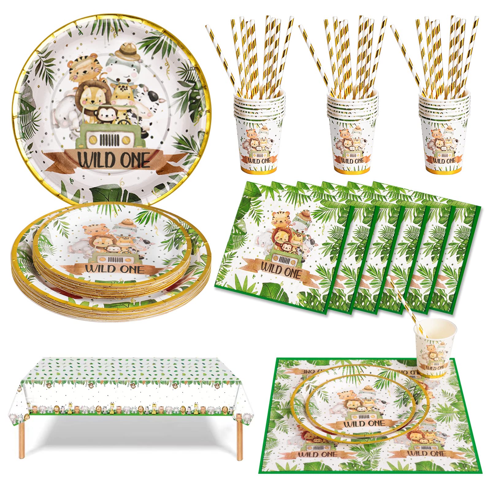 Nkaiso Jungle Safari Party Tableware Set, Kids Birthday Supplies 126 pcs Paper Plates and Napkins Cups, Baby Shower Dinnerware for -25 Guests, CJ-01