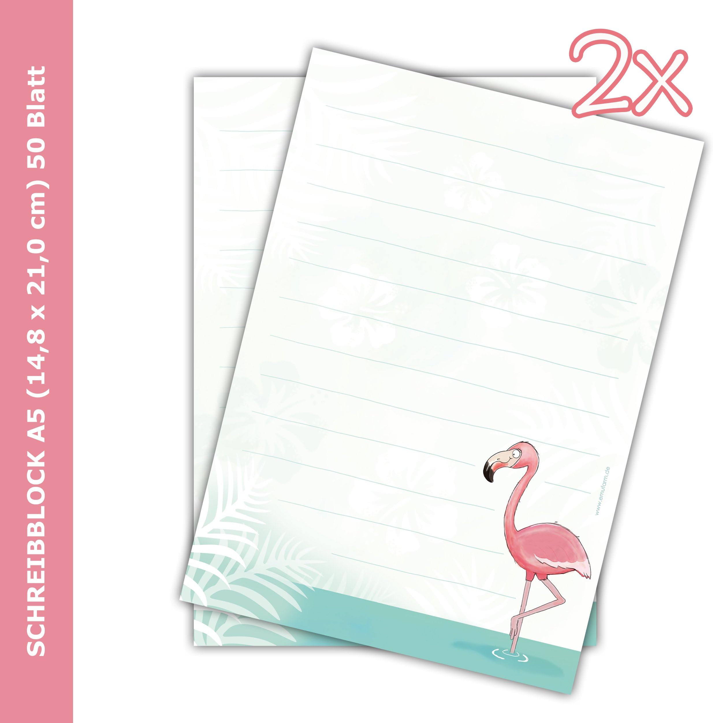 '2 x Flamingo A5 Writing Pad Ruled 50 Sheets for Letters, Girls, Children, Block