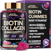 Biotin Gummies with Collagen - Hair Growth Support Skin, & Nail Strength - for Women & Men - Biotin 10000mcg | Keratin | Hyaluronic Acid | B-Complex | Saw Palmetto - Sugar-Free, Mixed Berry - 60 Gummy