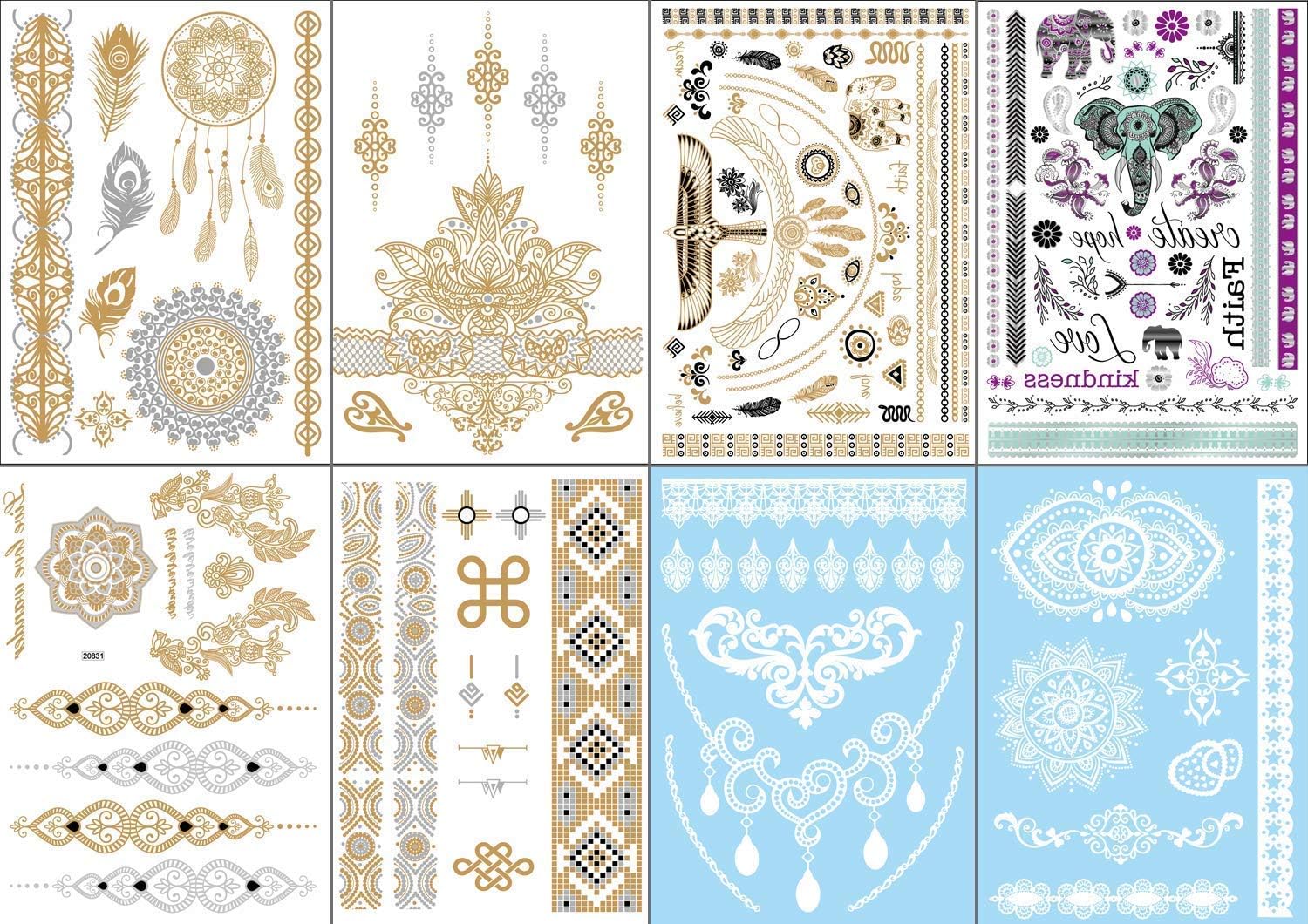 Tattoos Temporary Henna - 8 PCS | White Gold Silver Black Women Metallic, Glitter Stickers for Body, Face, Flash Festivals Fake Tattoo