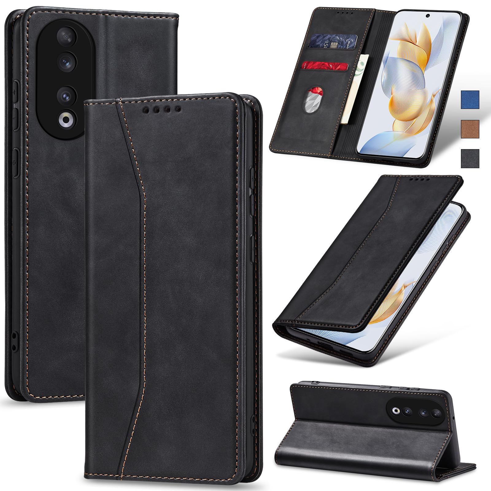 Jasonyu Case for Honor 90 Leather Wallet Flip Cover with Card Holder,Kickstand, Magnetic Closure,TPU Shockproof Phone Case Compatible with Honor 90 (Black)