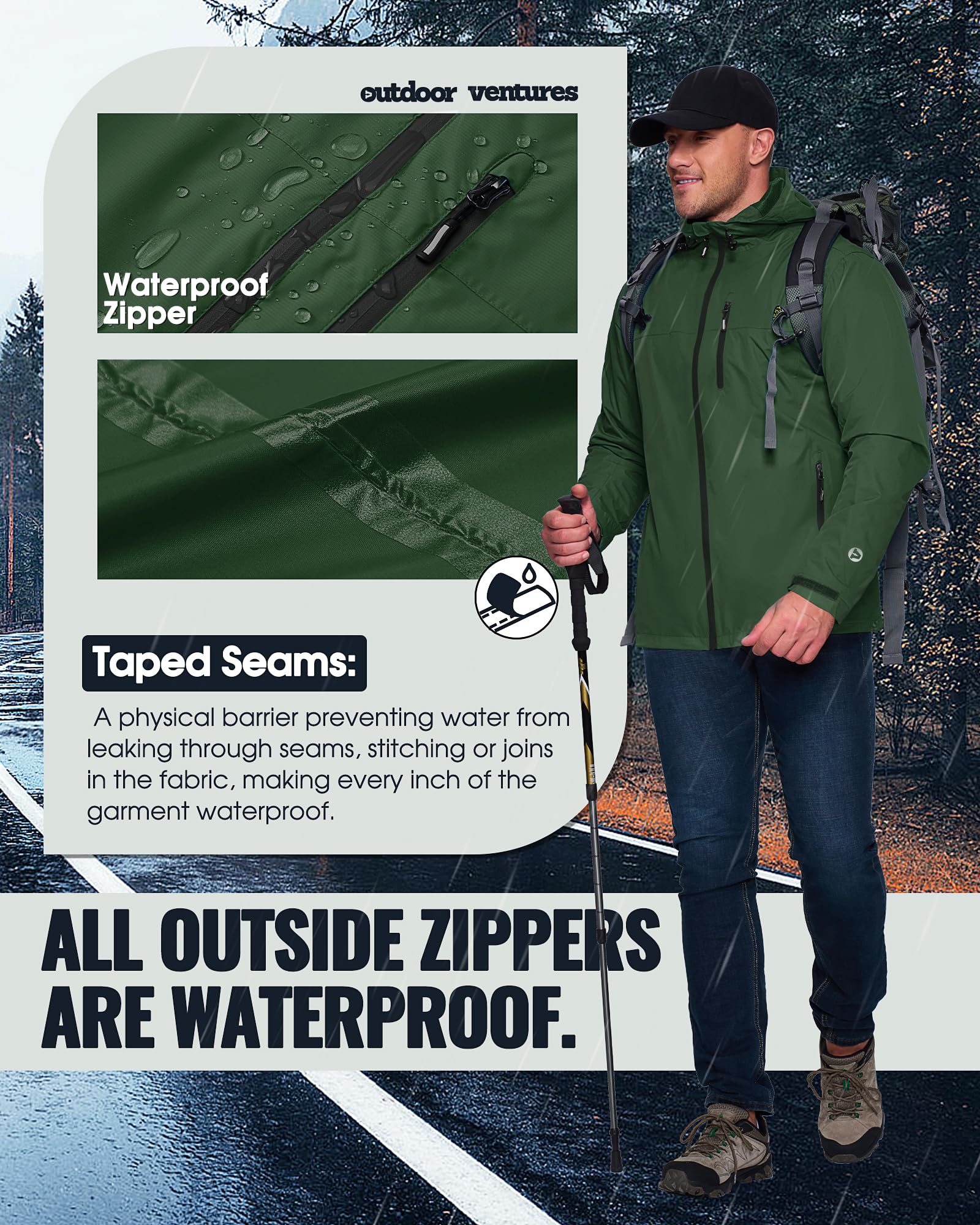 Outdoor Ventures Regenjacke Herren Wasserdicht Atmungsaktiv, Packbar Fahrrad Jacke Leichte Windbreaker zum Freizeit Wandern Camping Dunkelgrün/Schwarz L 4