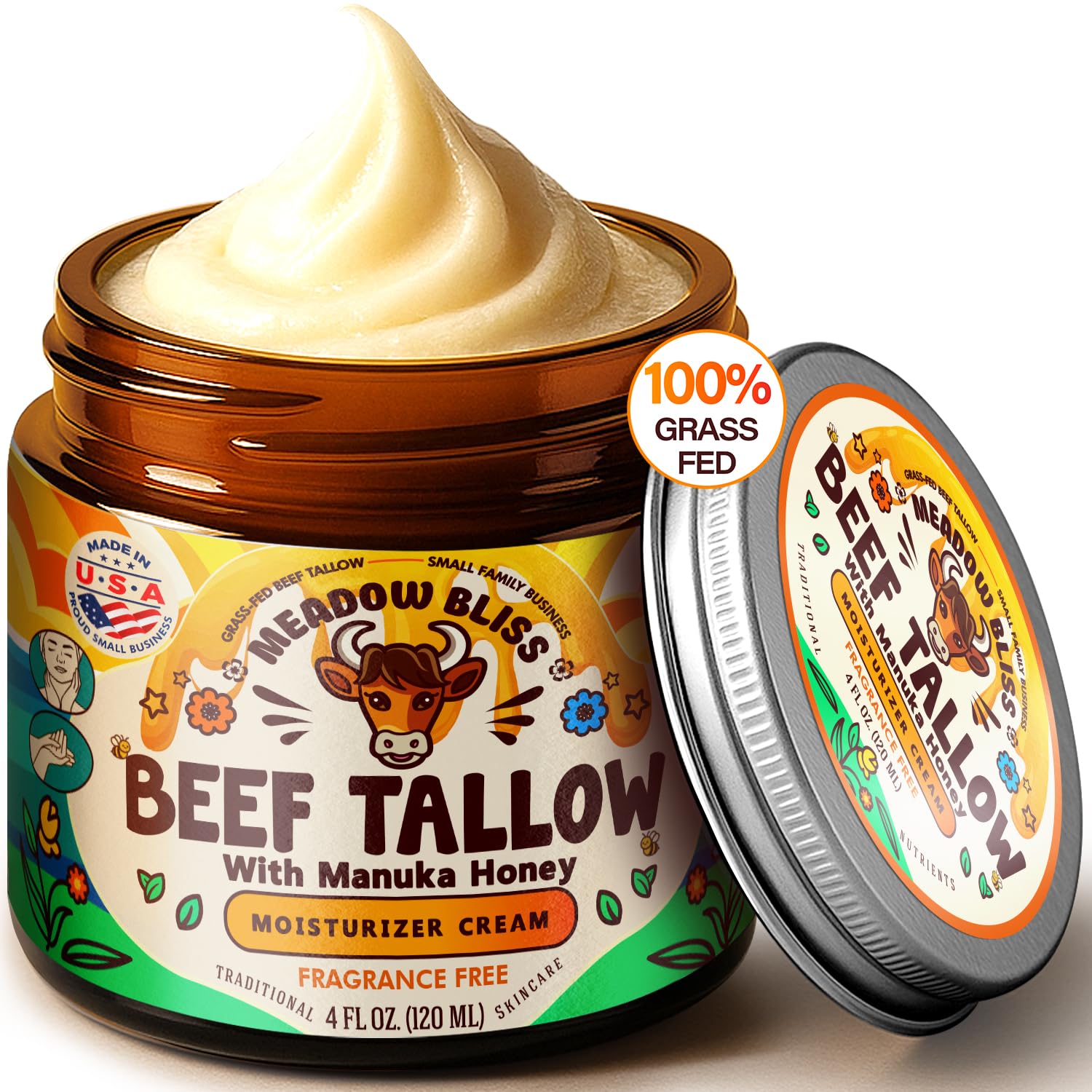 Meadow Bliss Beef Tallow for Skin - Moisturizer Cream - 100% Grass Fed - Whipped Beef Tallow - Manuka Honey - Organic Jojoba Oil, Shea Butter - Supports Eczema, Rosacea - USA - Fragrence Free - 4 oz Image