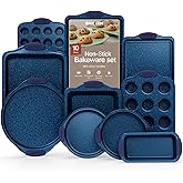 BAKKEN Kitchen Baking Pan Set - Nonstick Coating, Carbon Steel Bakeware Sets with Blue Silicone Handles, Baking Kitchen Essentials, PFOA, PFOS, PTFE Free, Oven Safe Tray (Up To 450° F), Set of 10