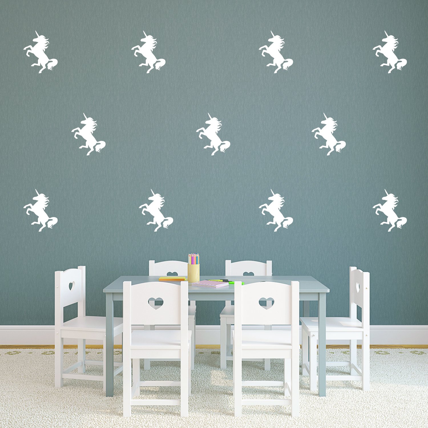 Set of 20 Vinyl Wall Art Decals - Unicorns Pattern - 5" x 4" Each - Beautiful Girly Stencil Adhesives - Removable Unicorn Sticker Decal for Girls Teens Nursery Bedroom Dorm Room (5" x 4" Each, White)