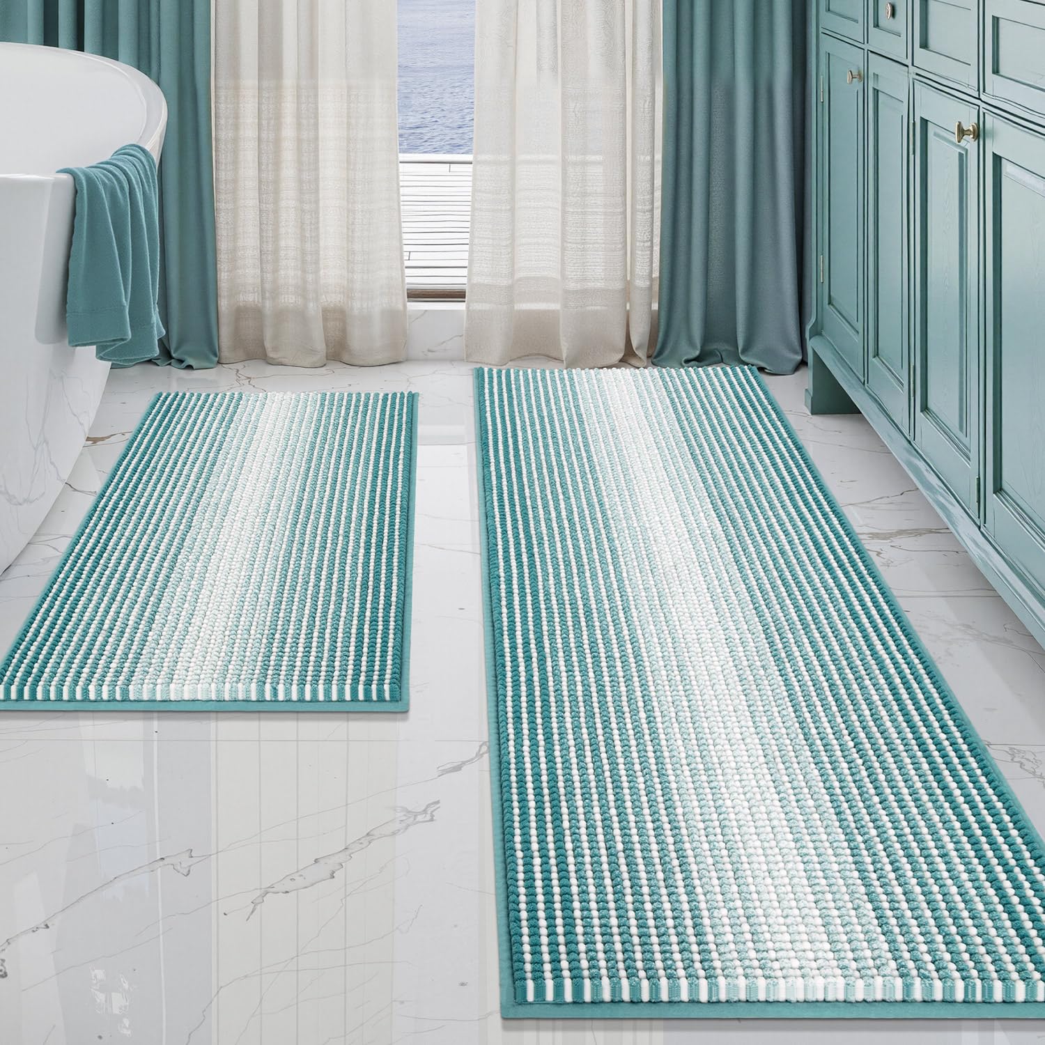 Bathroom Rugs and Mats Sets, 2 Piece Thick Absorbent Chenille Bath Mat Rug Set Non Slip, Soft Shaggy Bath Room Floor Mats for Bathroom, Machine Washable (Light Green, 20" x 60" Plus 20" x 32")