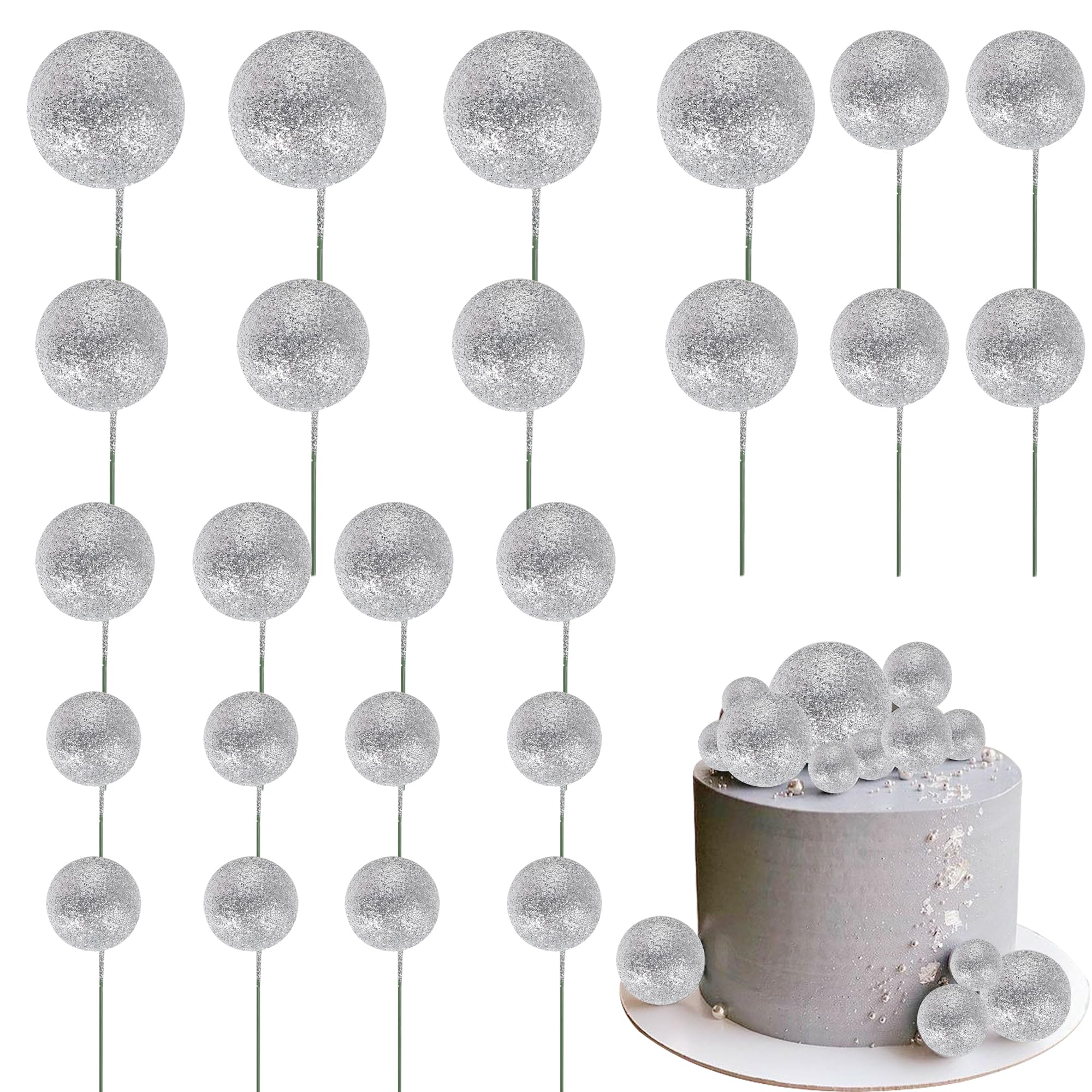 24 PCS Glitter Ball Cake Toppers and Picks - Cupcake Foam Ball Inserts, Mini Balloon Decorations for Wedding, Anniversary, Baby Shower, Birthday Party Supplies - Silver