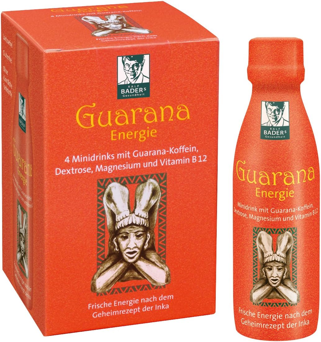 BADERs Guarana Energy Shot. The Secret of The Incas for revitalizing Energy. with Vitamin B12 and Magnesium. Free from Synthetic Dyes, Lactose- and Gluten-Free. Vegan. 4 x 60 ml Shots.