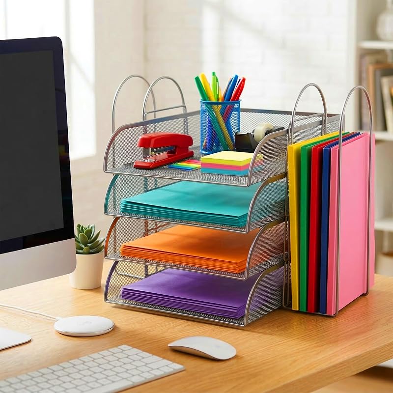 Tabuleiro de Documentos Metálico A4, 4 níveis, 2 estantes para carregadores, 33 x 40,5 x 33,5 cm, Organizador, prateado