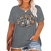 Plus Size Halloween Shirts for Women Pumpkin Graphic Tshirt Oversized Fall Casual Tee Tops