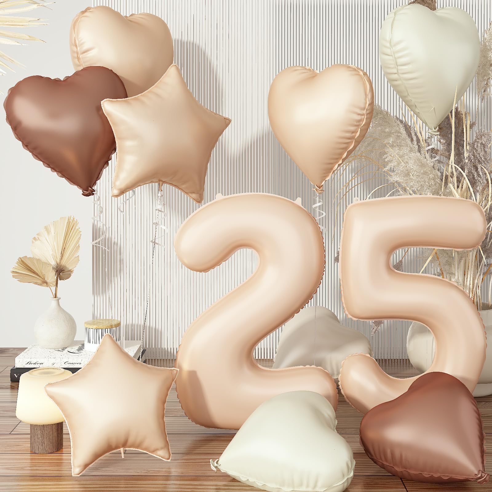 Photo 1 of 40 Inch Balloon 25, Nude Brown 25th Birthday Giant Balloon Decor, Foil Cream Beige Tan Neutral Sand White Star Heart Balloon for Women Birthday Wedding Anniversary Party Boho Decoration Supplies