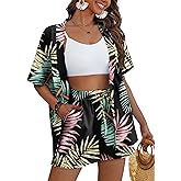 REDHOTYPE Women's 2 Piece Outfits Kimono Style Tropical Print Cover Ups Half Sleeve Blouse Shorts Set Summer Beachwear （S-XL）