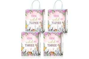 Roselush 16Pcs Young Wild and Three Party Decorations Goodie Bags - Treat Gift Bags for 3 Year Old Girl Birthday Decorations,