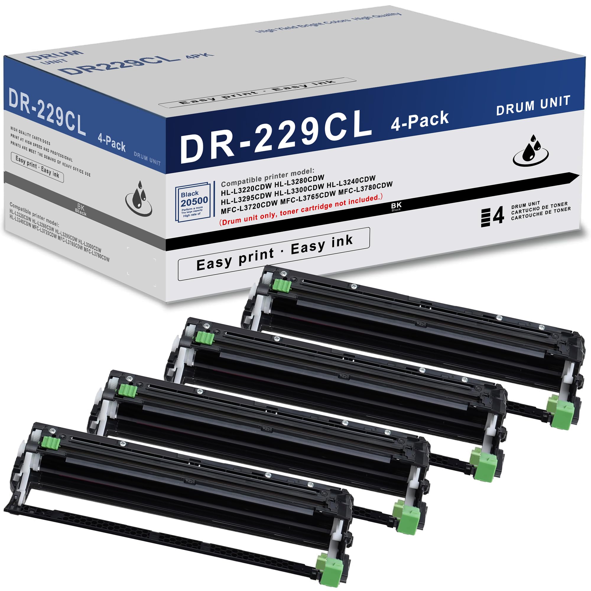 Photo 1 of DR229CL Drum Unit (NOT Toner) 4 Pack Super High Yield Replacement for Brother DR229 DR 229CL DR-229CL Drum Unit for MFC-L3780CDW MFC-L3720CDW MFC-L3765CDW HL-L3220CDW HL-L3280CDW HL-L3295CDW Printer