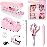 Pink Desk Accessories, Pink Office Supplies Accessories with Tape Dispenser, Stapler, Staple Remover, 1000 Staples, Tape, Clips Set, Ruler, Scissor, Pen