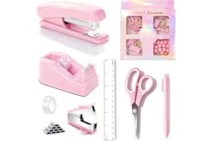 DIMONLUCE Pink Desk Accessories, Pink Office Supplies Accessories with Tape Dispenser, Stapler, Staple Remover, 1000 Staples, Tape, Clips Set, Ruler, Scissor, Pen