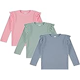 Cudlie 3-Pack Toddler Girls Ribbed Ruffle Tops – Stylish Long Sleeve Shirts for Kids –All-Day Comfort (12M-4T)