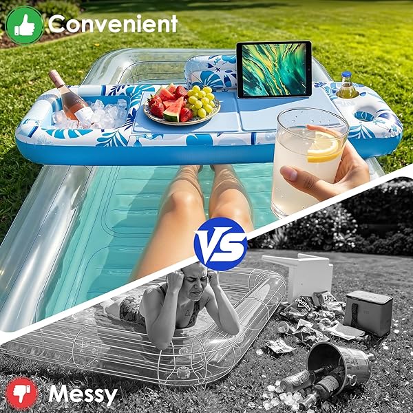 INFLATABLE TRAY FOR TANNING POOL FLOAT – 61″ L X 18″ W EXTRA LARGE TRAY WITH NON-SLIP AND COOLER CONTAINER, DESIGNED FOR SUNBATHING BED, TANNING LOUNGE & WATER BLOW UP, BALL PIT, PARTY GIFTS