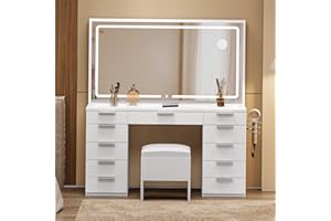 DWVO Makeup Vanity with Large Mirror and Lights, 46" Vanity Desk Dressing Table Set with 11 Drawers & Storage Stool, Dressing Table with Power Outlet and Magnifying Glass, Dressing Room, White